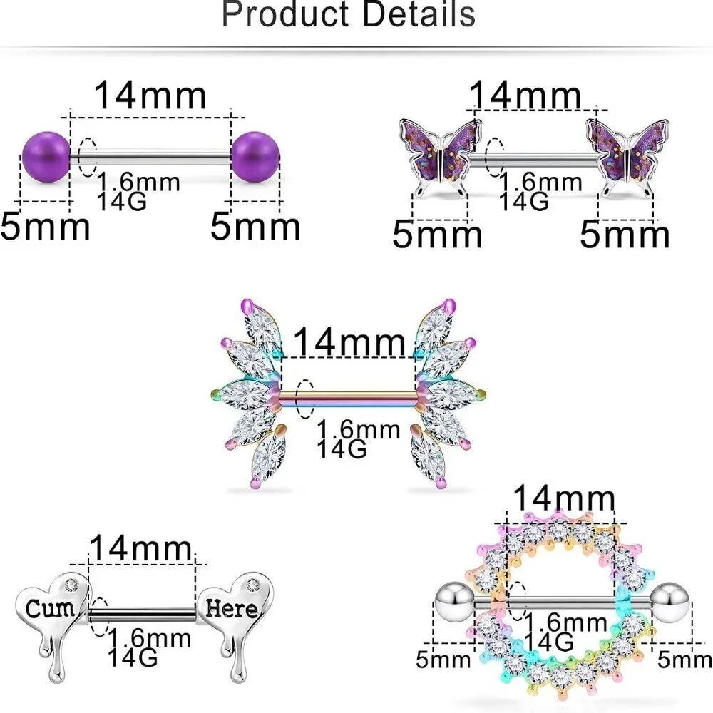 Butterfly Nipple Rings Stainless Steel 14G 14mm Jewelry for Women 7 Pairs